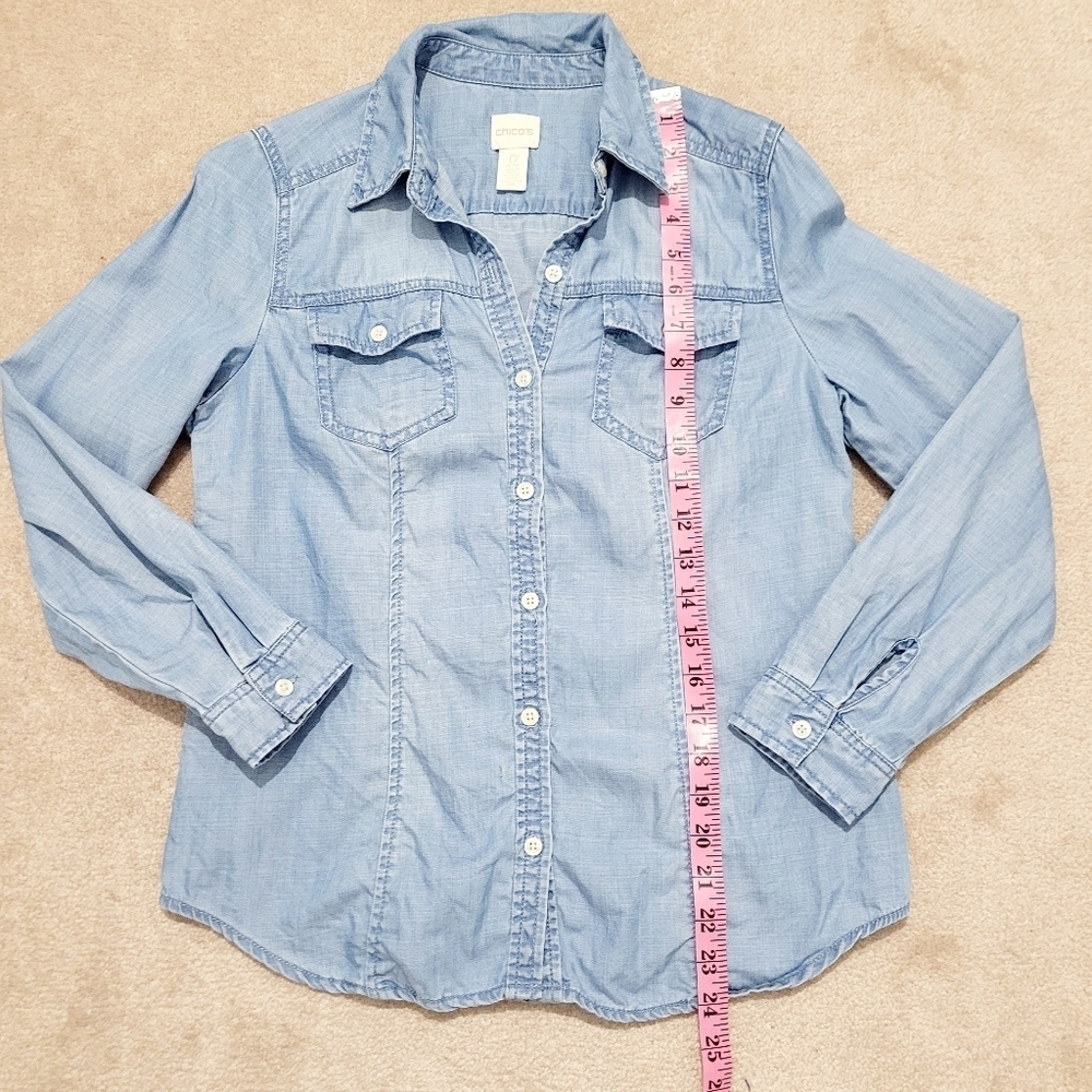 Chico’s Woman's Chambray Button Front Shirt Size Small Light Wash Denim Top - Picture 13 of 14